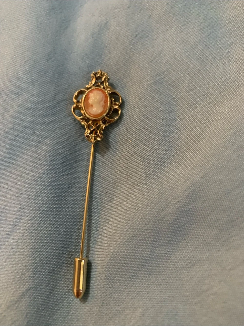 Vintage Avon Gold-Tone Filigree Stick Pin with Orange Cameo